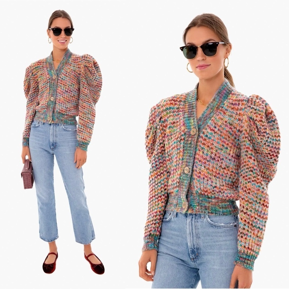 NWOT Ulla Johnson Fiora Wool Puff Sleeve Rainbow Cardigan Sweater Size Small